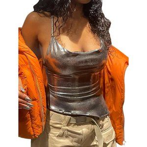 Women's Shiny Metallic Bodycon Sexy Y2K Crop Cami Top